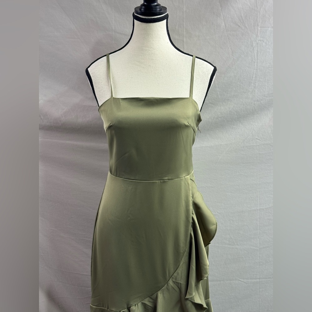 Asymmetrical Hem Ruffle Trim Spaghetti Strap Dress Green - Picture 12 of 14